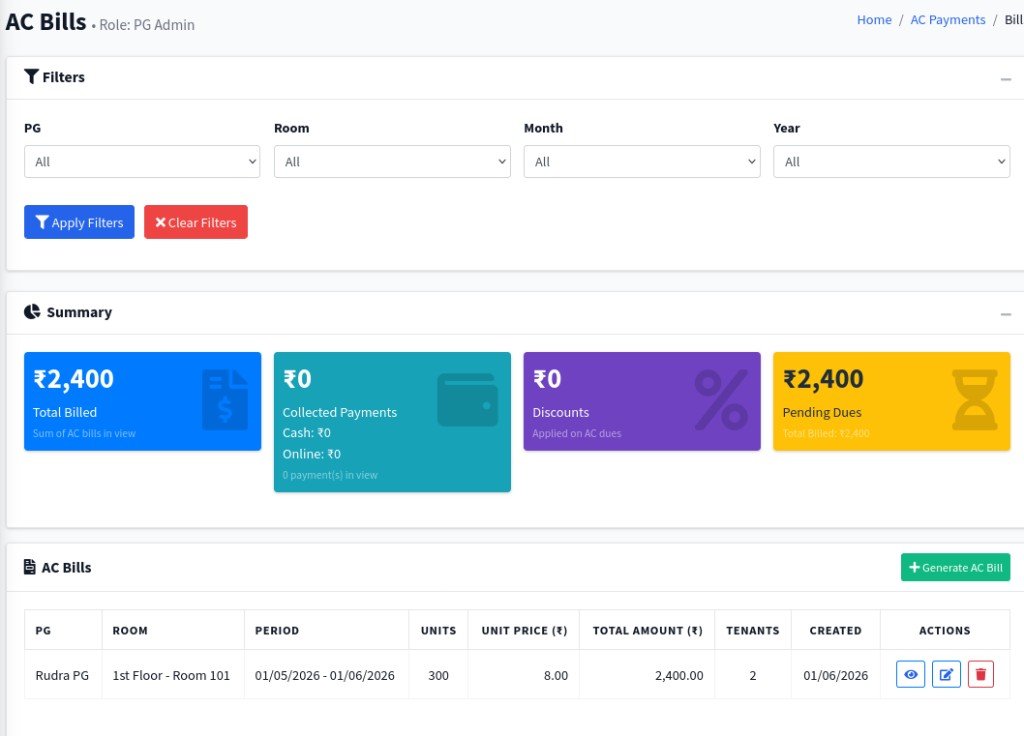 PG Junction AC Bills screen with filters, billing summary, and generate AC bill action