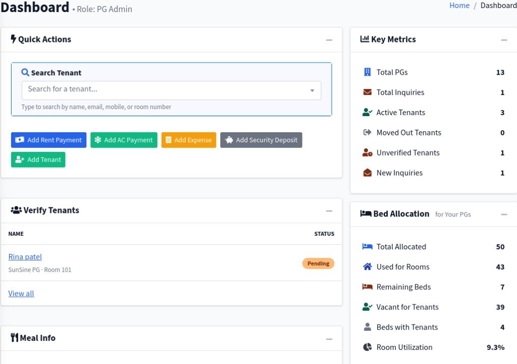 PG Junction dashboard with Search Tenant and quick action buttons
