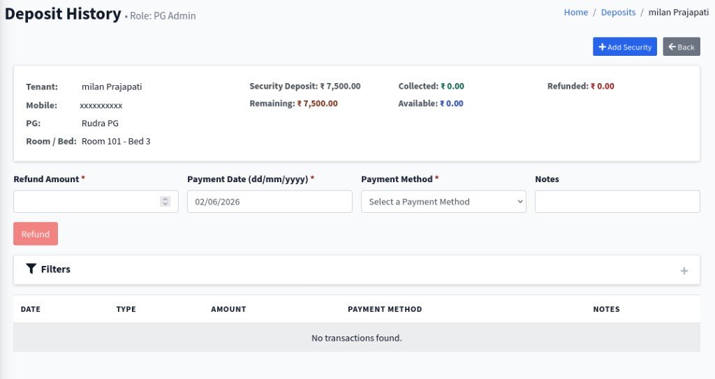PG Junction Deposit History screen with add security and refund transaction form
