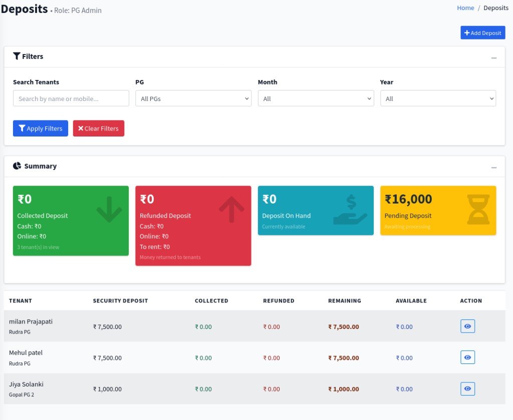 PG Junction Deposits screen with filters, summary cards, and tenant deposit table
