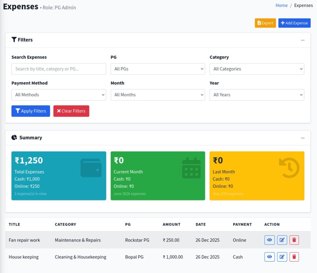 PG Junction Expenses screen with filters, summary cards, and expense list