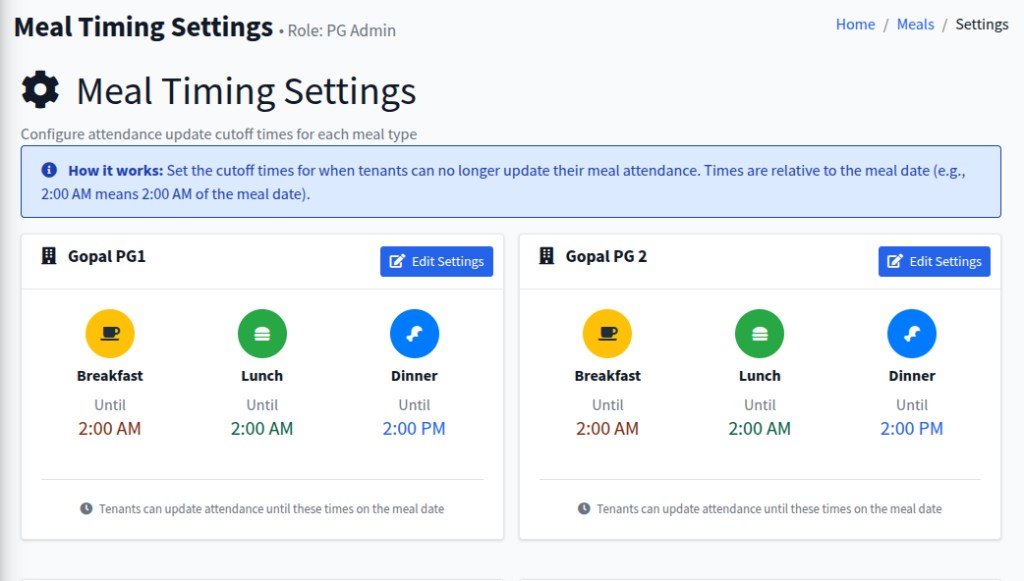 PG Junction Meal Timing Settings – cutoff times for breakfast lunch and dinner by PG
