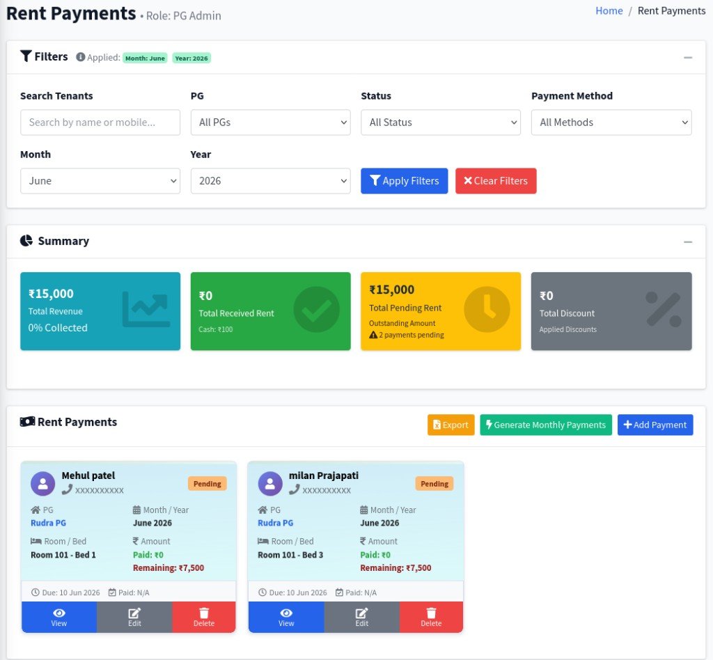 PG Junction Rent Payments – filters, payment summary cards, and tenant rent cards