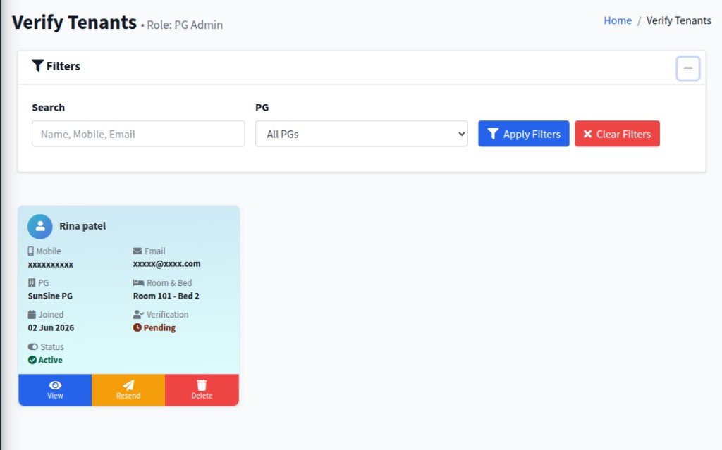 PG Junction Verify Tenants screen – pending verification and tenant details